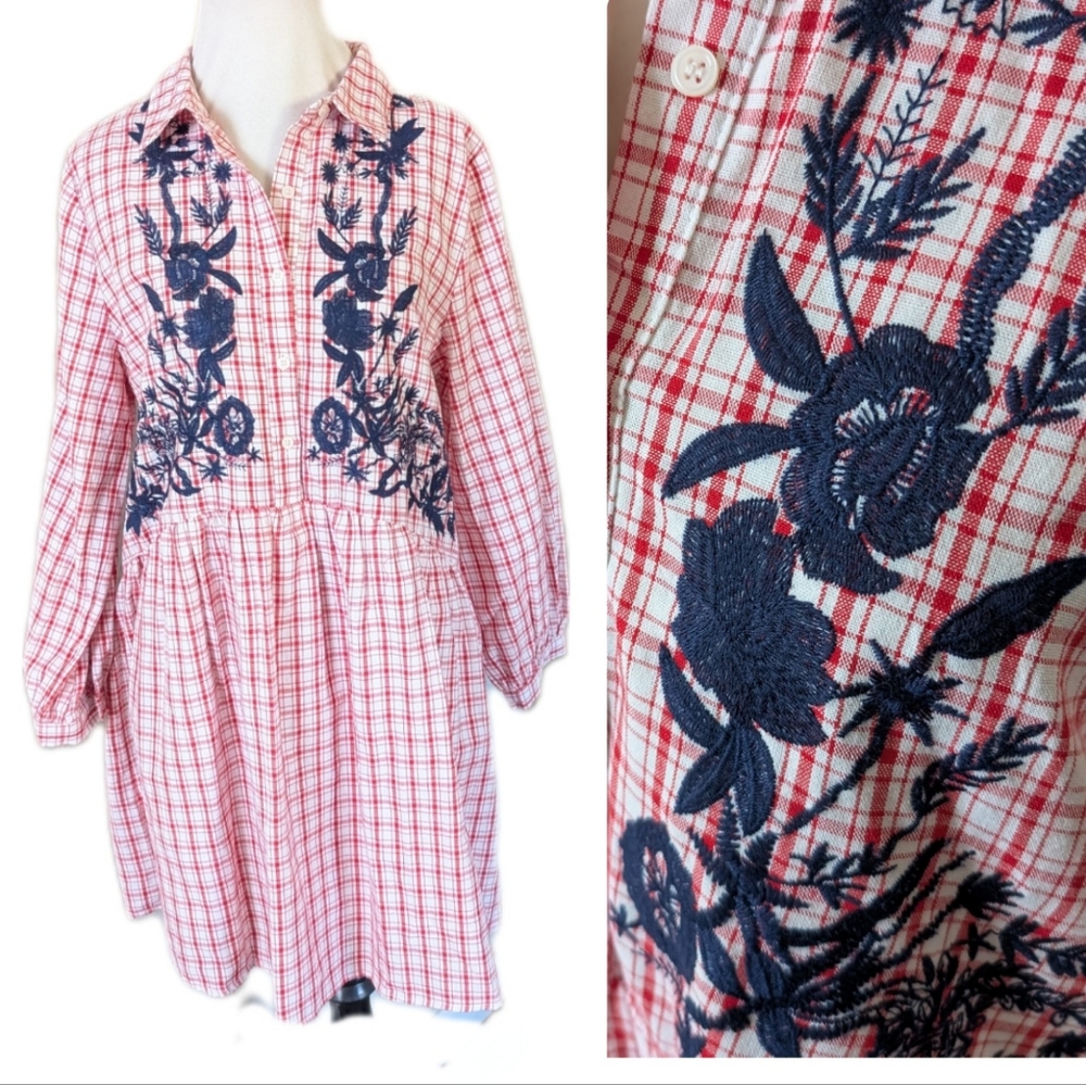 Entro Hannah Dress Medium Plaid Embroidered Floral Shift Short Cotton Boho